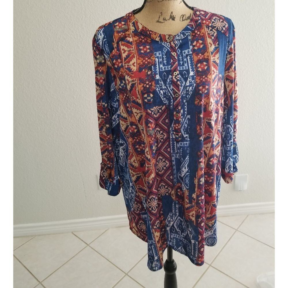 NYGARD‎ XL blue red green white and black in great shape tunic 3/4 sleeves